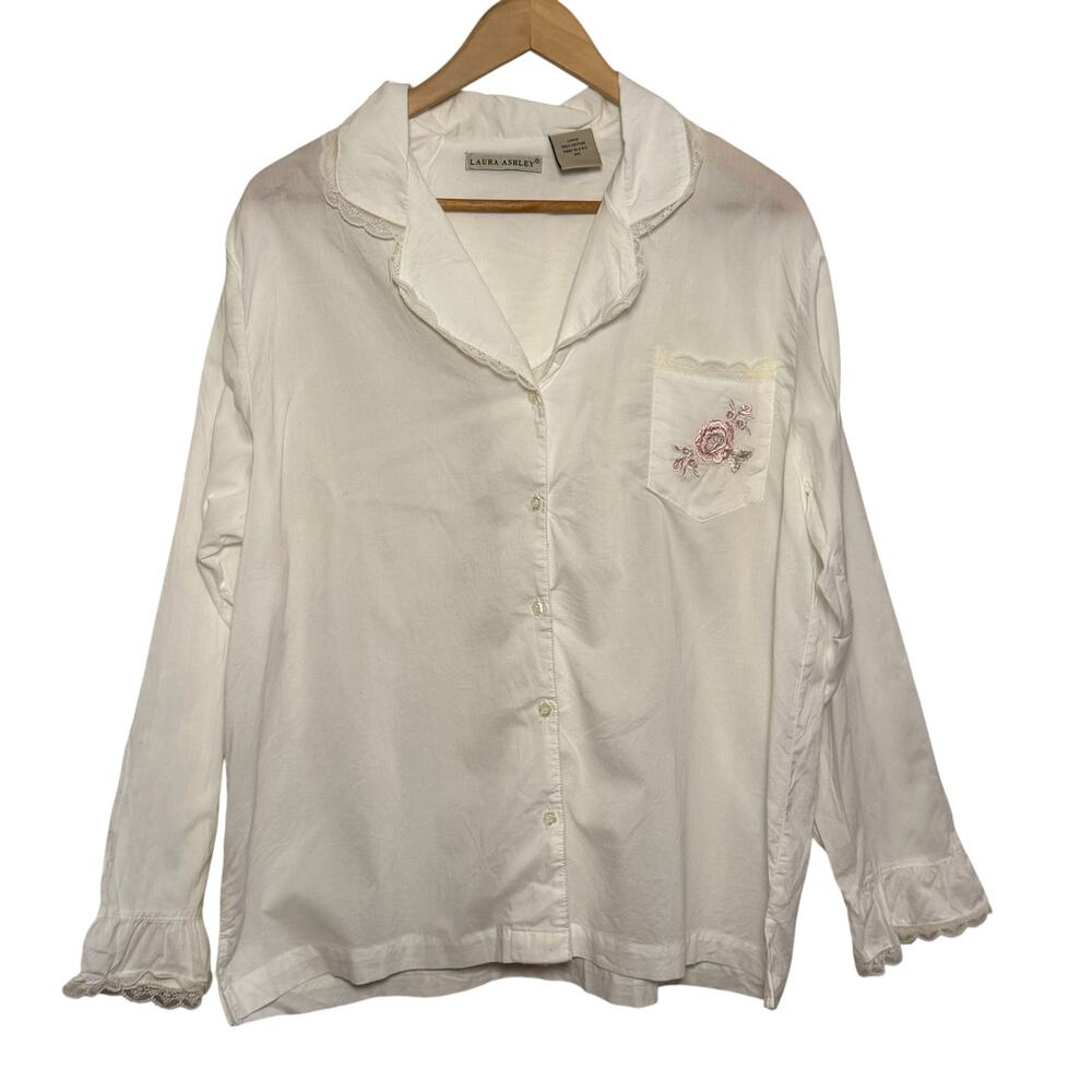 Laura Ashley White Embroidered Lace Trimmed Pajama Shirt